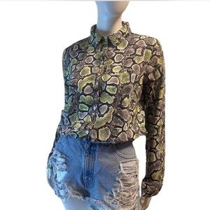 Sweet Rain Neon Green Snakeskin Print Balloon Hem Safari Button Up Blouse Sz L